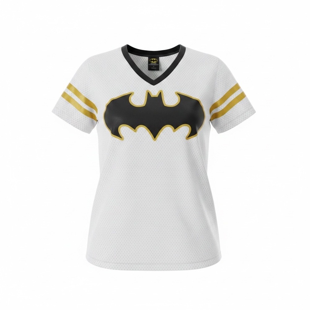 Batman DC Comics Womens Mesh Jersey T-Shirt White Gold Logo XL s16